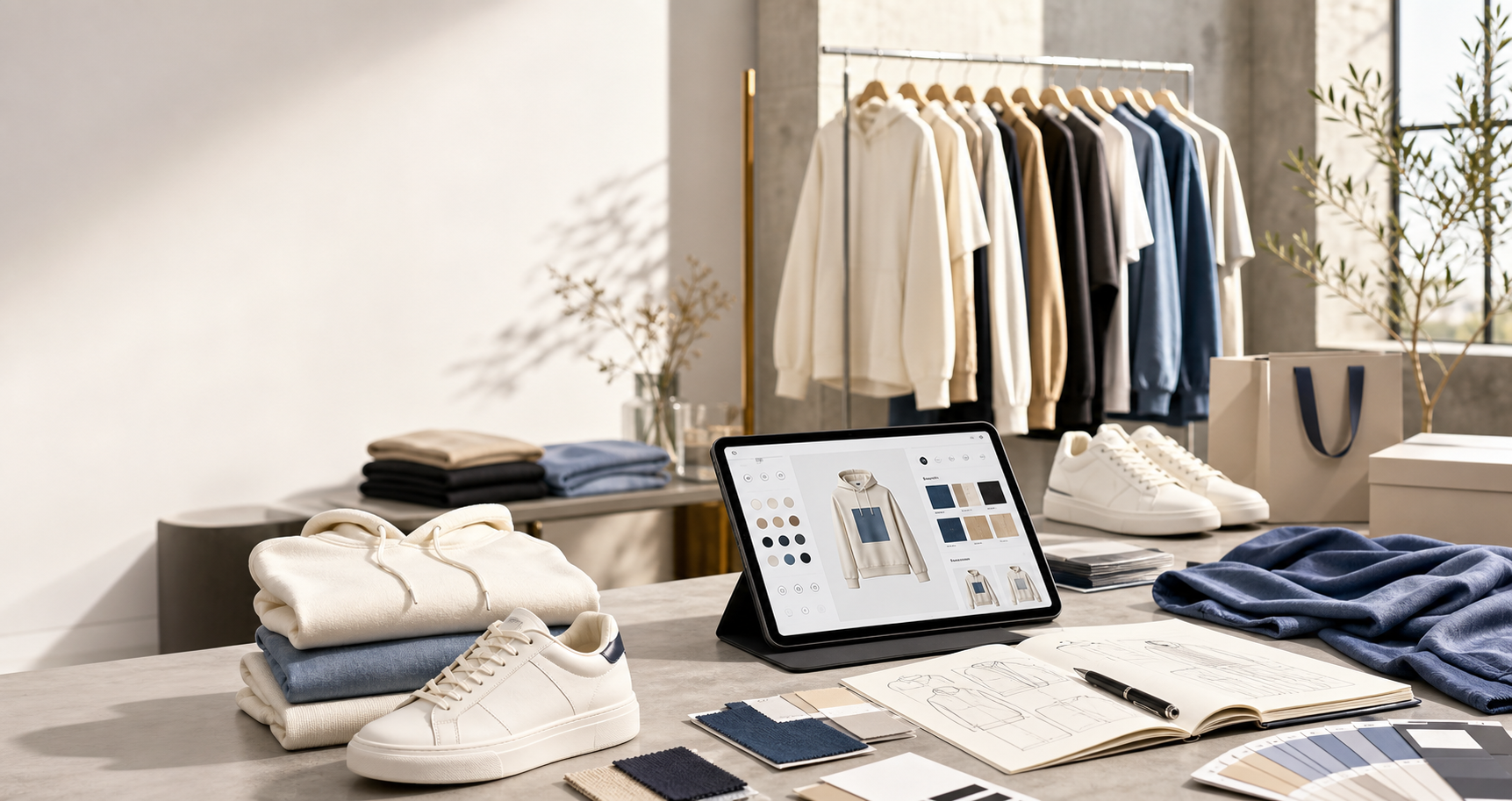 A premium fashion customization studio with apparel, swatches, sneakers, and a product design tablet