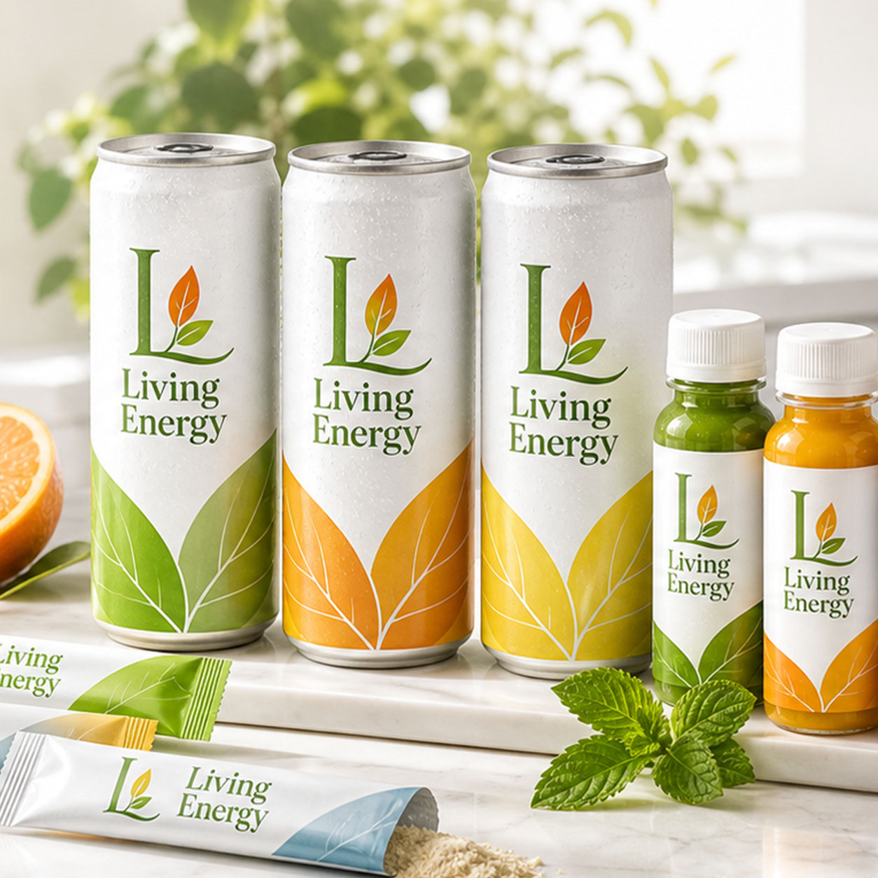 Living Energy canned wellness drink concept